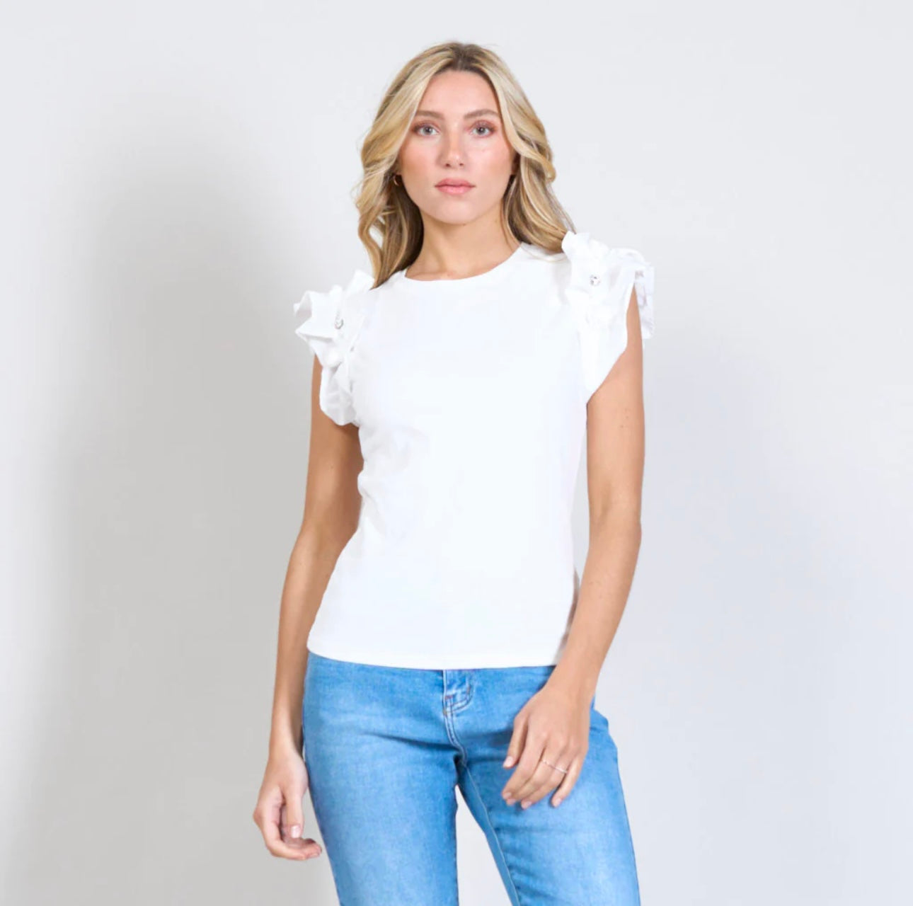 T-shirt maniche fiori incastonati e strass